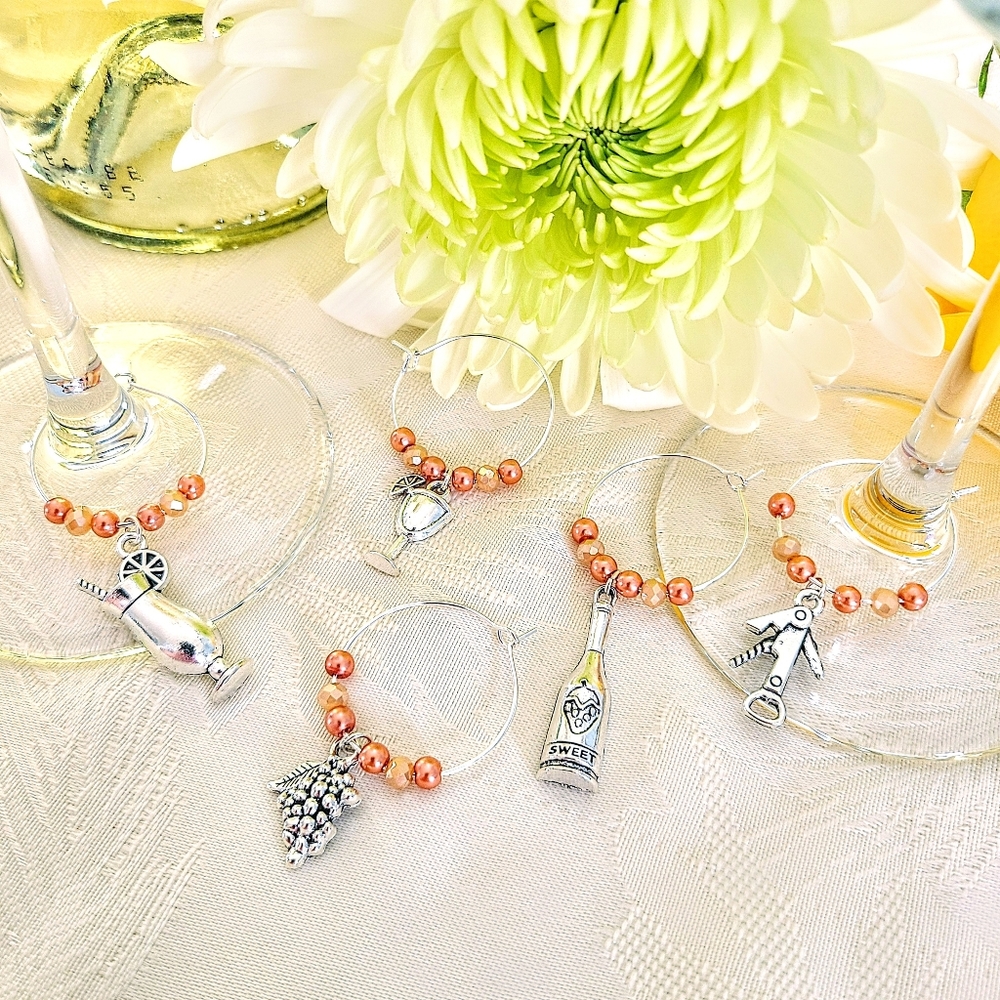 "Sangria Saturdays" Champagne & Peach Wine Glass Markers Tibetan Silver/Crystal